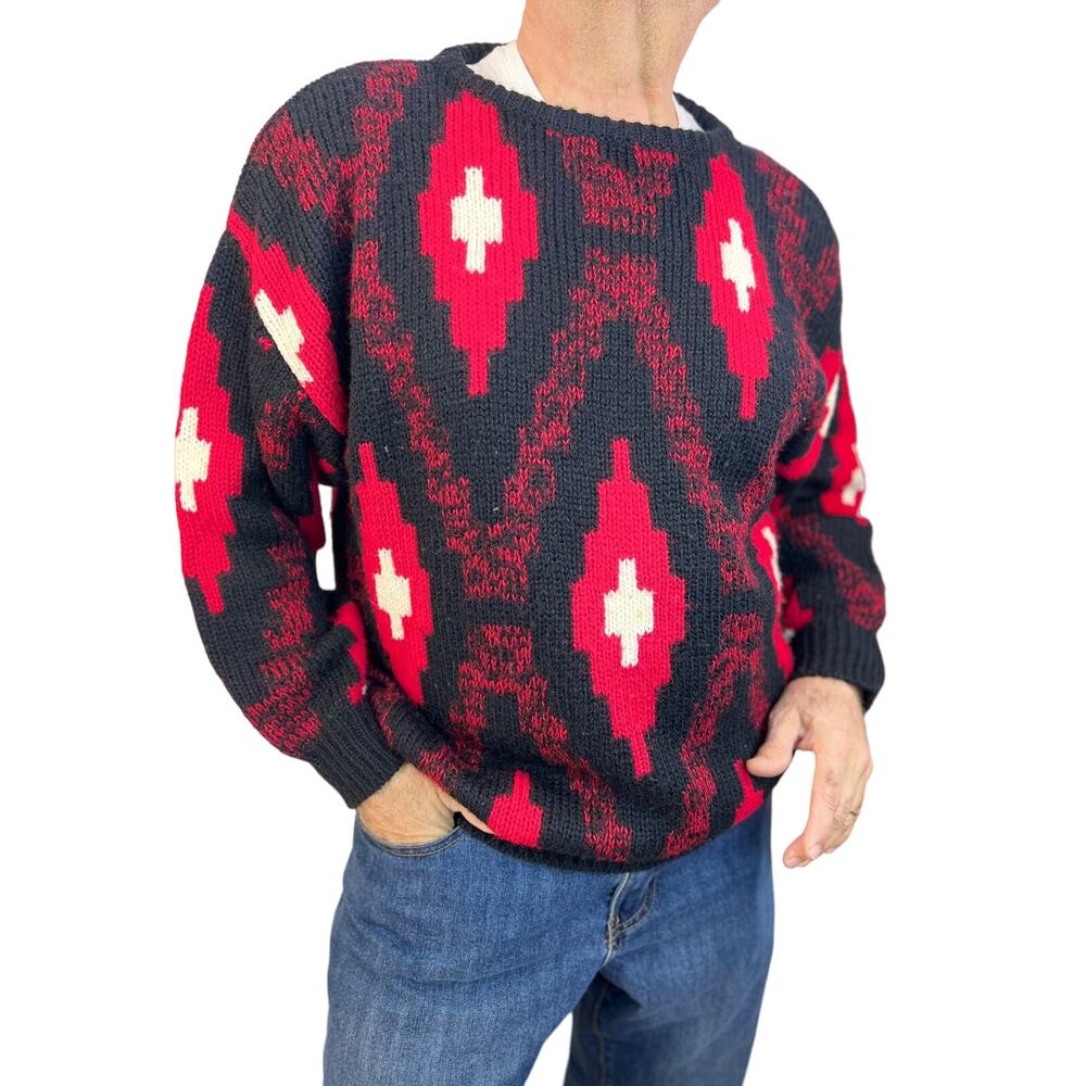 Vintage Espirit Sport Sweater Geometric Diamonds Motif Black Knit Pullover